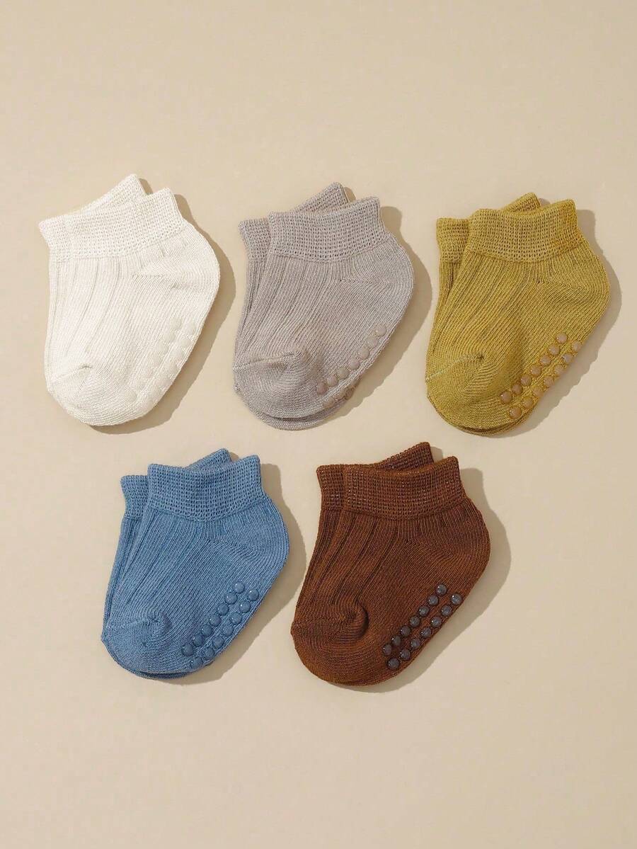 5 Pairs Baby Anti-Slip Solid Color Indoor Toddler Ankle Socks, Spring/Summer - Multicolor - View 1