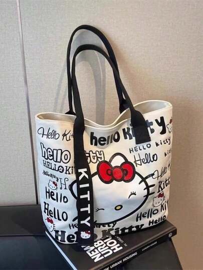  Sanrio Hello Kitty Women's Large Capacity Tote Bag/Shoulder Bag/Travel Bag, Hello Kitty Canvas Tote Bag, Cute KT Tote Shoulder Bag, Cartoon Versatile Tote Bag, Large Capacity Commuter Bag, Suitable For Travel, Back To School, Commuting