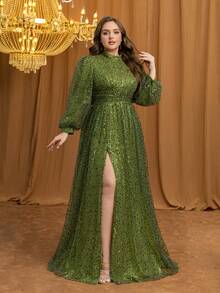 UNITHORSE Plus Đầm Maxi Dài Cổ Đứng Tay Phồng Sang Trọng Lấp Lánh Xẻ Cao Cho Nữ Đầm Dạ Hội Trang Trọng, Đầm Dự Tiệc Cưới, Đầm Dự Tiệc Tối, Đầm Lễ Trao Giải - màu xanh lá - Xem 1