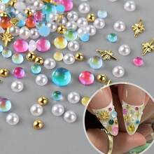 400PCS Colorful Bubble Beads Mermaid Nail Art Charms Aurora Pearls Candy Stone Mix Gold Stars Nail Art Rhinestone Half-Round Flat Back Gold Beads Nails Supplies For Women Manicure DIY Crafts Decor,Gold - 金子 - 查看 3