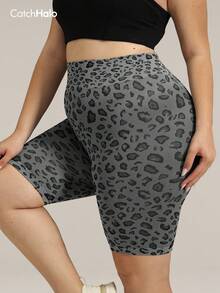 大码高腰无缝弹力紧身骑行短裤，舒适罗纹面料，收腹设计，宽腰带，灰色豹纹运动短裤