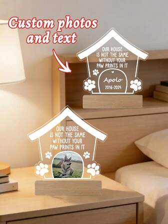 1 pieza Marco conmemorativo de acrílico personalizado, capaz de imprimir fotos y nombres de mascotas, "Sin huella de garra" - Un regalo conmemorativo para un perro y gato fallecidos, regalo de consuelo personalizable, regalo personalizado, placa de acrílico con foto de mascota personalizada, decoración de escritorio