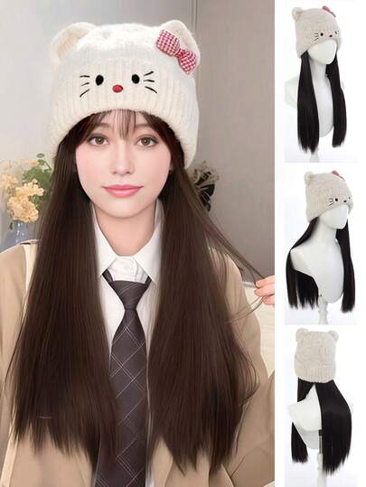 Long, Straight White Knitted Warm Hat Wig With Straight Hair Extensions, Cute Cat-Shaped Wig, Suitable For Girls.
