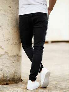 男士侧条纹休闲弹力修身牛仔裤，美式街头风牛仔裤 - 黑色 - 查看 5