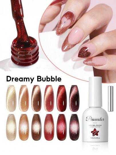 peacecolor 6支10毫升猫眼甲油胶，磁性，金棕色和深红色闪粉猫眼美甲甲油胶，半永久，适合女性DIY美甲沙龙，情人节礼物
