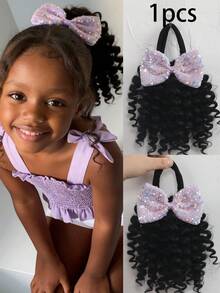 1pc ﻿Black Hair Curly Ponytail With Shiny Bow Elastic Extension Synthetic Hairpiece For Kids - Natural Black - View 11