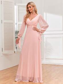 Elegant V-Neck Lantern Sleeve Chiffon Pink Bridesmaid Dress, Wedding Guest Dress, Suitable For Weddings, Galas, Graduations, Formal Dinners And Other Occasions. - Baby Pink - View 5