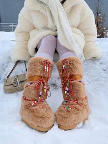 Women's Faux Fur Boots Winter Warm Fluffy Furry Mid Calf Snow Boots Flat Heel Comfortable Pull On Bead Embellished Shoes Christmas Gift - 駝色 - 查看 1