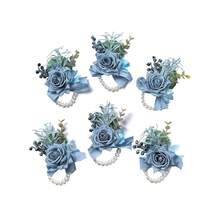 Meldel Dusty Blue Rose Wrist Corsage For Women, Set Of 6, Wedding Bridal Corsage Hand Flower Decor For Prom Corsages Party Homecoming, Wristband Flowers For Bride Bridesmaid Mother Wristlet Décor,6pcsBlueWristCorsages - 6個藍色腕花 - 查看 1