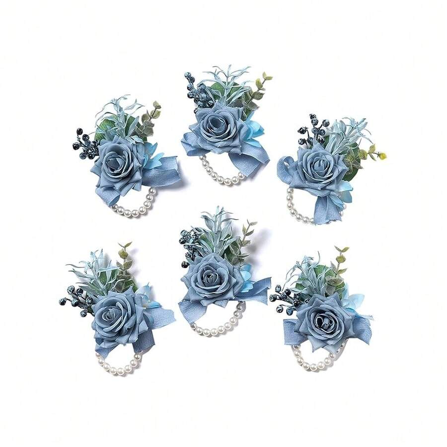 Meldel Dusty Blue Rose Wrist Corsage For Women, Set Of 6, Wedding Bridal Corsage Hand Flower Decor For Prom Corsages Party Homecoming, Wristband Flowers For Bride Bridesmaid Mother Wristlet Décor,6pcsBlueWristCorsages - 6個藍色腕花 - 查看 1