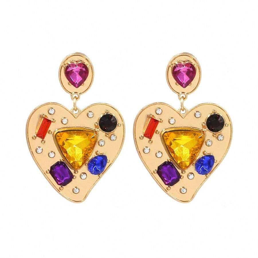 1 Pair Of Personalized Creative Heart-Shaped Alloy Paint Earrings Exaggerated Internet Celebrity Glass Crystal Earrings Earrings - Vàng - Xem 1