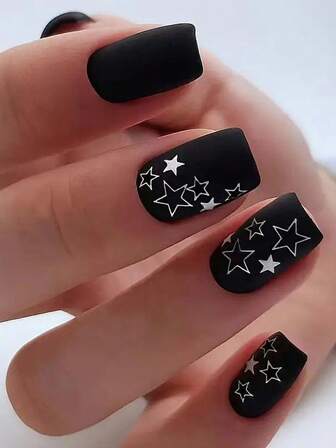 24pcs Short Square Matte Star Design Artificial Nails For Women, Includes 1 Nail File & 1 Jelly Gel, Upgrade Your Style