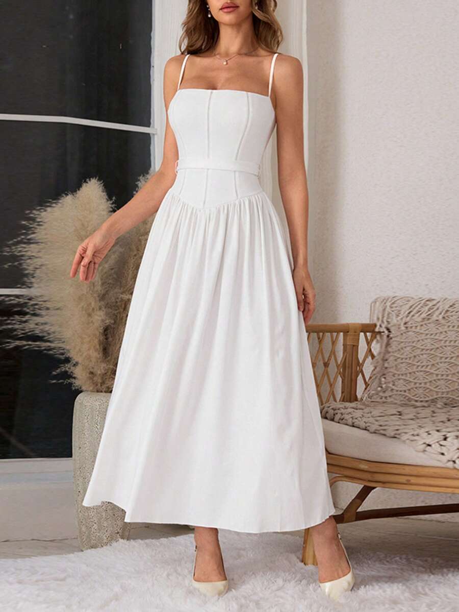 1pc Women's Solid Color Simple & Elegant A-Line Long Cami Dress With Belt - White - View 1