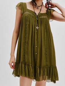Women Flying Sleeve Babydoll Mini Dress Y2K Lace Trim Ruffle Flowy Dresses Summer Button Down Loose Swing Going Out Sundresses - Green - View 1