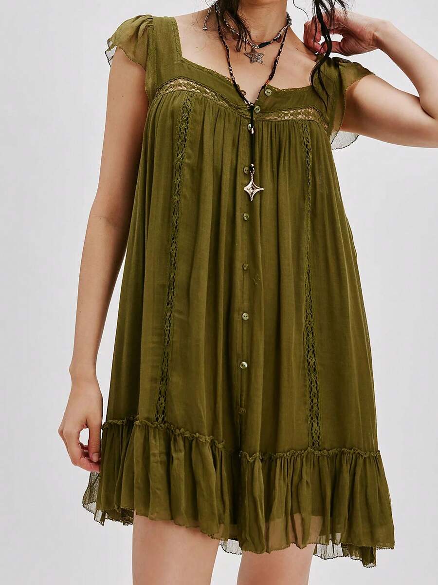 Women Flying Sleeve Babydoll Mini Dress Y2K Lace Trim Ruffle Flowy Dresses Summer Button Down Loose Swing Going Out Sundresses - Green - View 1