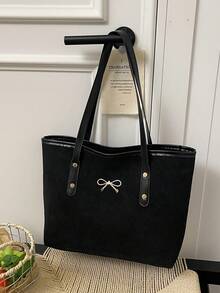 1 pièce Nouveau sac à main en daim grande capacité pour femmes, fermeture éclair, poignées doubles avec nœud papillon en métal. Couleur noire, convient aux jeunes femmes, pour le travail, les courses, les voyages, les occasions décontractées et professionnelles. Idéal pour l'utilisation quotidienne des femmes.