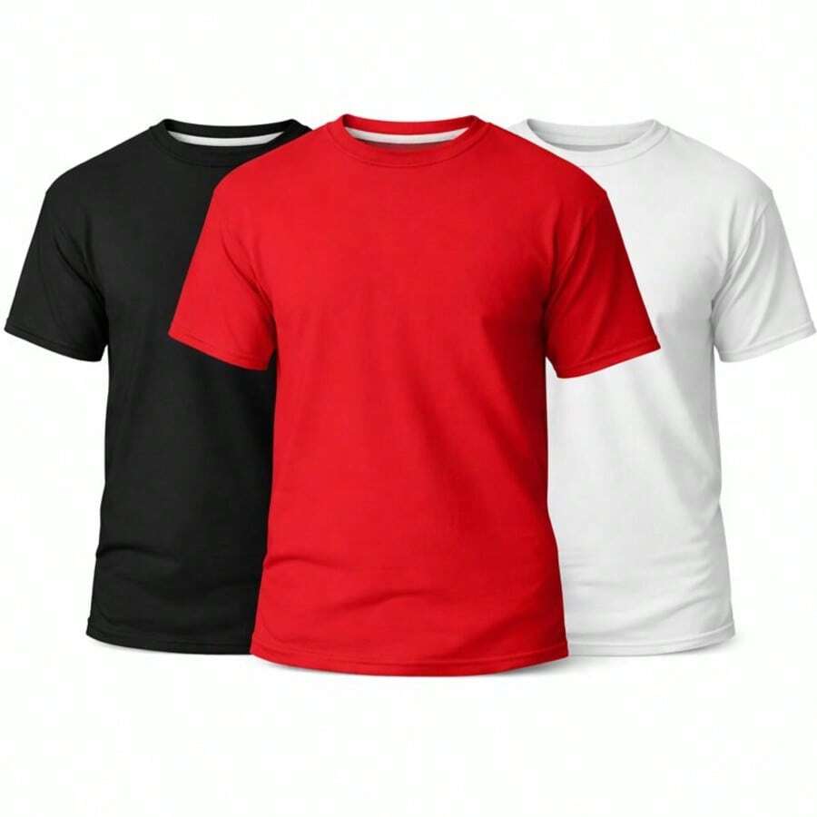 Set Of 3 Men's Basic Plain T-Shirts, 100% Cotton, 30.1 Mm - 黑/紅/白 - 查看 1