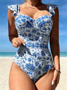 Floral Print Ruched One-Piece Swimsuit With Ruched Trim