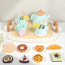 1 Set Wooden Children's Pretend Play Afternoon Tea Set, Includes Tray, Cups, Desserts, Suitable For Children 3+