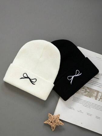 2pcs Winter Warm Knitted Hat With Bowknot Embroidery For Women,Home Or Daily Outdoor Cycling And Skiing