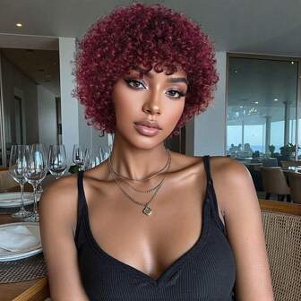 短款非裔卷发精灵短发真人发假发 99J 红酒色 真发 价格实惠 日常佩戴 巴西 Remy 真人发 适合新手 佩戴方便 自然黑色