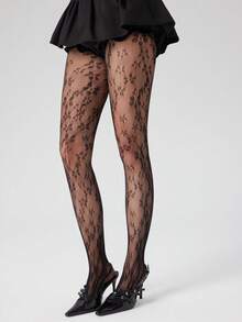 1双女士花卉蕾丝连裤袜/长筒袜，渔网袜，高腰显瘦紧身大码渔网提花打底裤，适合各种场合 - 黑色小花朵 - 查看 4