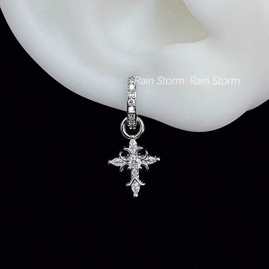 A Pair Of Sparkling Diamond Cross Earrings With Detachable Ear Buckles, Made Of Stainless Steel Material, Not Easily Faded Or Allergic, Suitable For Daily Wear, Women's Jewelry - 銀色 - 查看 1