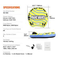 Towable Tube For Boating, 1-3 Riders Inflatable Towable Tube With Bumper Fins, 510 Lbs Water Sport Towable Tubes For Boats To Pull, Full Nylon Cover, EVA Grab Handles And Speed Saf Ety Valve - 62.2" X 65.4" X 14.4" - View 7