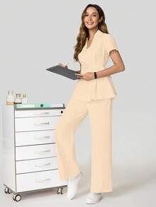 cimmuovere Bộ đồng phục y tá/nha sĩ/nha sĩ/bác sĩ nha khoa/chăm sóc sức khỏe/bệnh viện thú y/phòng thí nghiệm dành cho nữ, thích hợp mặc trong mùa xuân. - Màu Khaki - Xem 4