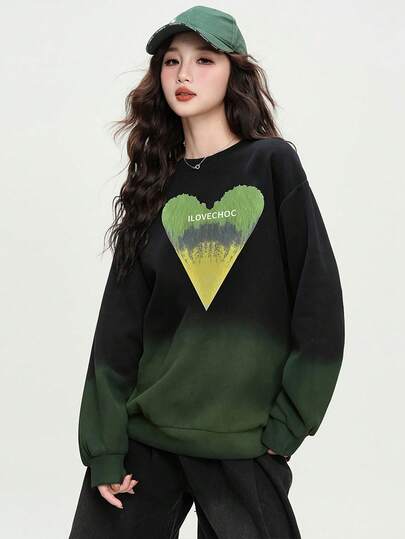 JUTU Vintage Ombre Heart Print Round Neck Sweatshirt For Women, Casual Loose Fit Pullover Top, Spring/Autumn
