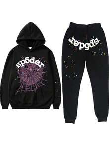 2-Piece Set Of Clothes And Pants ,Men's Oversized Hip Hop Spider Web Pattern Graphic Alphabet Print Harajuku Vintage Hoodie Long Sleeve Street Wear Top For Both Men And Women - màu đen - Xem 1