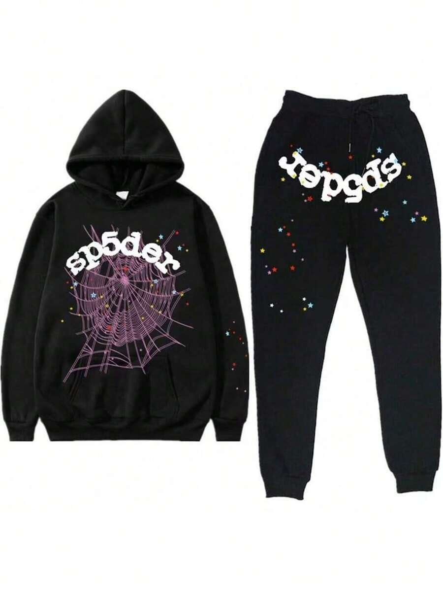 2-Piece Set Of Clothes And Pants ,Men's Oversized Hip Hop Spider Web Pattern Graphic Alphabet Print Harajuku Vintage Hoodie Long Sleeve Street Wear Top For Both Men And Women - màu đen - Xem 1