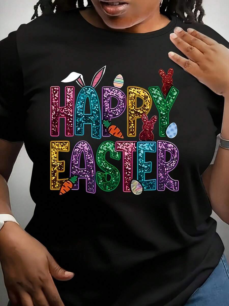 Women's Retro Easter Pattern T-Shirt - Happy Easter Colorful Letters With Bunny And Egg Design, Soft Pastel Spring Colors, Casual Short Sleeve Round Neck T-Shirt, Suitable For Easter Egg Hunt And Spring Celebrations - 黑色 - 查看 1