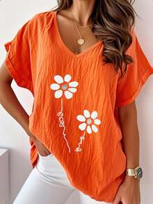 Áo thun ngắn tay cổ chữ V in họa tiết dáng rộng dành cho nữ cỡ lớn, chất liệu vải lanh nhăn mềm mại, thoải mái, thích hợp mặc mùa hè. - trái cam - Xem 8
