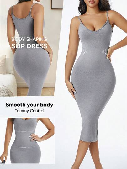 Women's Solid Color Spaghetti Strap Bodycon Cinched Waist Shapewear Dress
