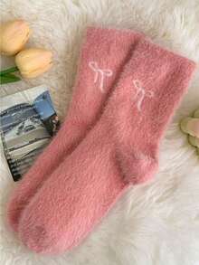 1Pair Of White And Pink Fleece Socks, Bow Design, Warm, Soft And Comfortable, Suitable For Autumn And Winter, Valentine's Day Gift. - 白色 - 查看 9
