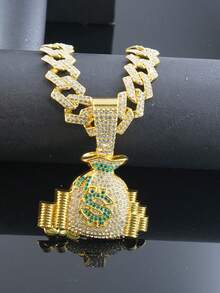 1pc Rhinestone Embellished Money Bag Pendant Necklace, Casual Wear Personalized Hip-Hop Cuban Chain Necklace For Men - Money Bag Pendant Necklace - View 5