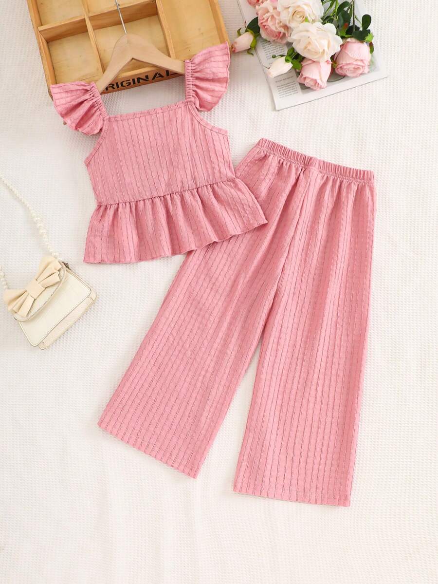 Girl's Summer Texture Zou Bu Keng Strip Two Pieces Set With Small Fly Sleeves, Ruffle Edge Camisole Vest, Straight Leg Wide Leg Pants, Fashionable Casual Suit - Pink - View 1