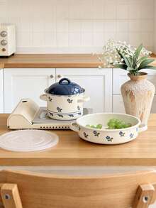 SummitPulse 1 Set Minimalist Style Enamel Tableware, Featuring Wooden Handles And Delicate Orchid Patterns, Includes 1 Enamel Teapot, 1 Enamel Double-Handled Cup, And 1 Covered Flat Baking Pan. This Fresh Floral Patterned Tableware Set Can Be Used As A Coffee Pot, Milk Tea Pot, And Water Kettle. - Small White Orchid - View 6