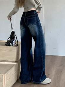 女士水洗深蓝色直筒休闲破洞牛仔裤 - 深藍色 - 查看 5