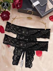 2 piezas Bragas de mujer sexy de encaje negro semitransparente con parches y decoración de perlas, tipo tanga - Negro - Ver 2