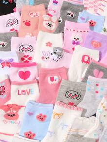 10双儿童夏季可爱动物图案袜子，包括萌熊、萌兔、爱心花、条纹等款式，舒适柔软透气，亲肤透气，适合日常休闲穿着。 - 彩色 - 查看 3