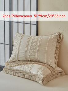 2pcs Tufted Jacquard Polyester Pillowcase Set With Tassels, Modern Farmhouse Style, Suitable For All Seasons, Soft & Breathable, Machine Washable (Pillow Insert Not Included) - Khaki - View 7