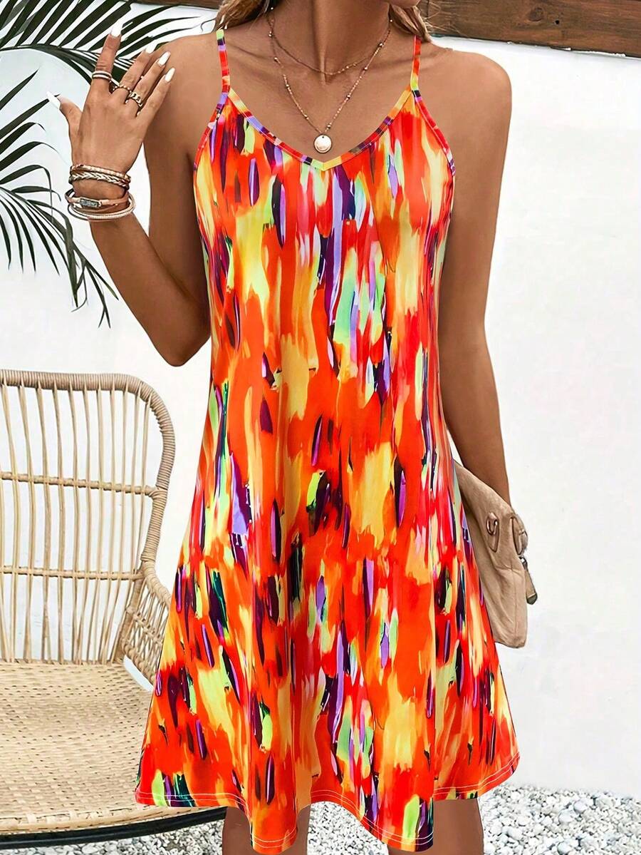 女士夏季 V 领吊带裙 - 无袖全印花度假太阳裙，SlayDiva 女士沙滩裙，飘逸波西米亚迷你裙，女士时尚度假装，休闲橙色女士短裙