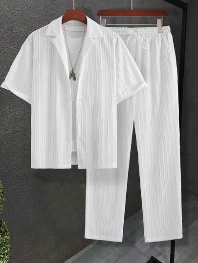 Conjunto de camisa de manga corta con rayas blancas y pantalones para hombre, estilo relajado de resort, suave y elegante