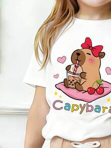 Toddler Girls' Cartoon Print Round Neck Short Sleeve Top And Flare Pants Set - White - View 3