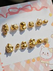 1件新年招财猫、舞狮、烟花、福袋、元宝、蝴蝶结3D美甲模具，透明硅胶模具 - 無色 - 查看 4