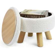 Ottoman Foot Rest, Small Round Ottoman With Storage, Boucle Teddy Velvet Footstool With Legs, Soft Sponge Storage Ottoman For Living Room, Bedroom, Couch, Enterway - trắng - Xem 1