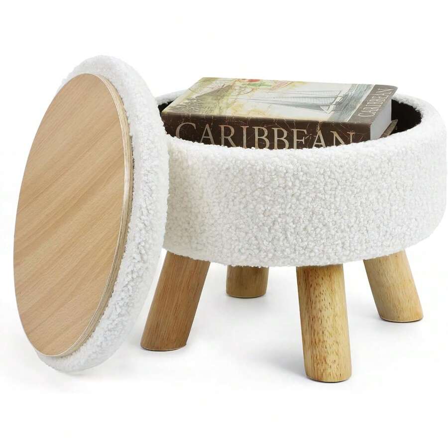 Ottoman Foot Rest, Small Round Ottoman With Storage, Boucle Teddy Velvet Footstool With Legs, Soft Sponge Storage Ottoman For Living Room, Bedroom, Couch, Enterway - trắng - Xem 1
