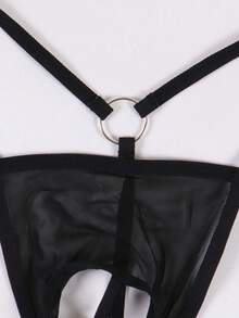 Men's Black Mesh Sheer Simple Sexy Comfortable Breathable Elastic Thong Underwear With Bell Decor - Black - View 5